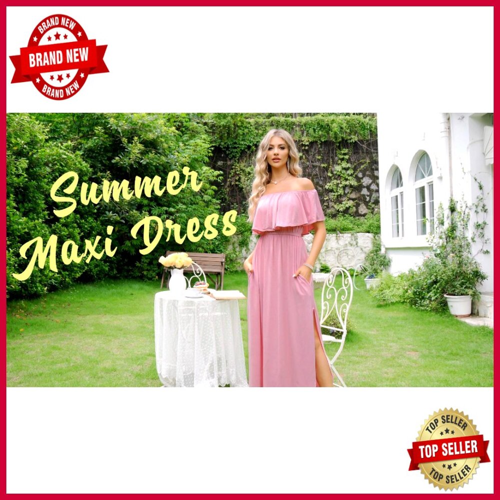 Off Shoulder Ruffle Maxi Dress Side Split Pockets… - image 6